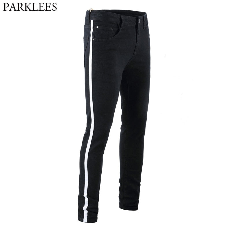 black jeans white stripe mens