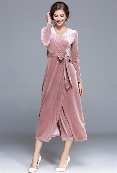 pink velvet long dress