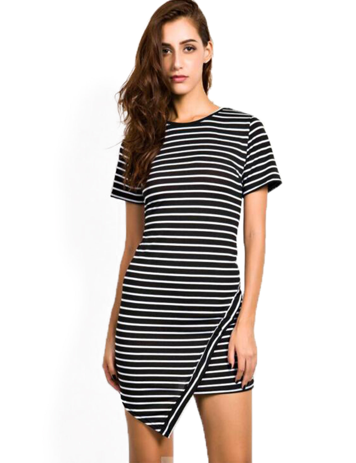 White Black Striped Dress O Neck Hem Asymmetrical T Shirt Dress