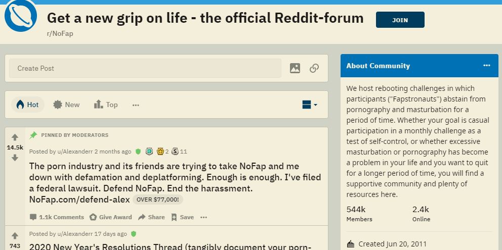 NoFap community on Reddit