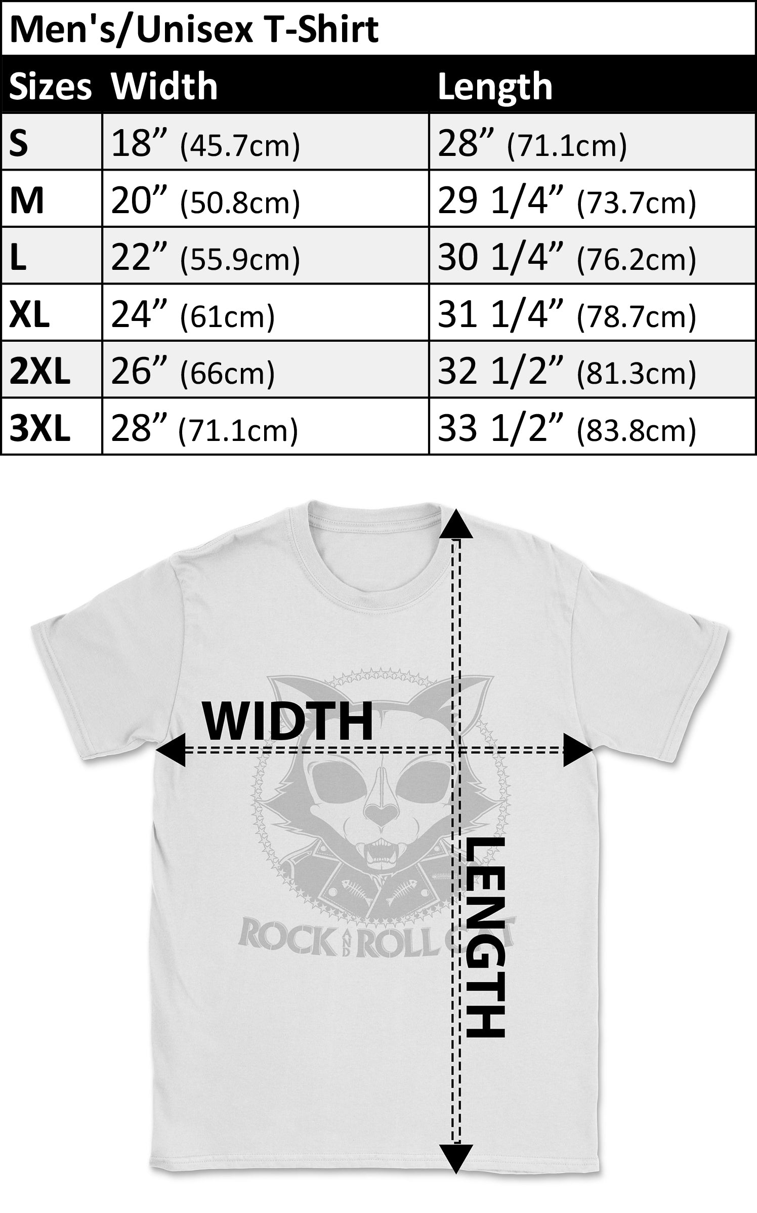 Unisex size chart Rock and Roll Cat