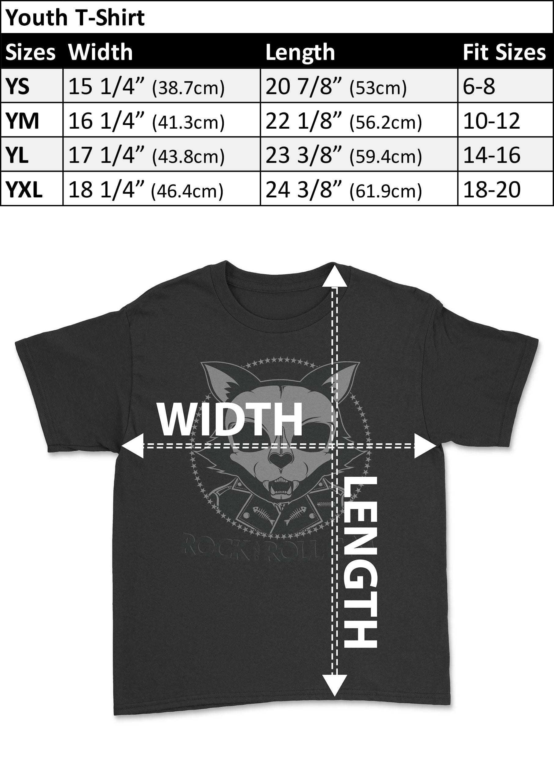 Youth T Shirt Size Chart | Rock and Roll Cat