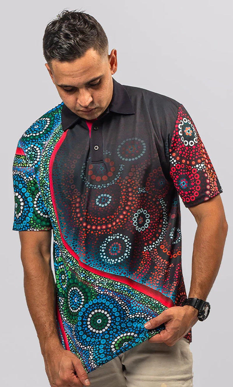 Aboriginal Art Unisex Polo Salt Meets Earth – Azure Beach and Resort Wear