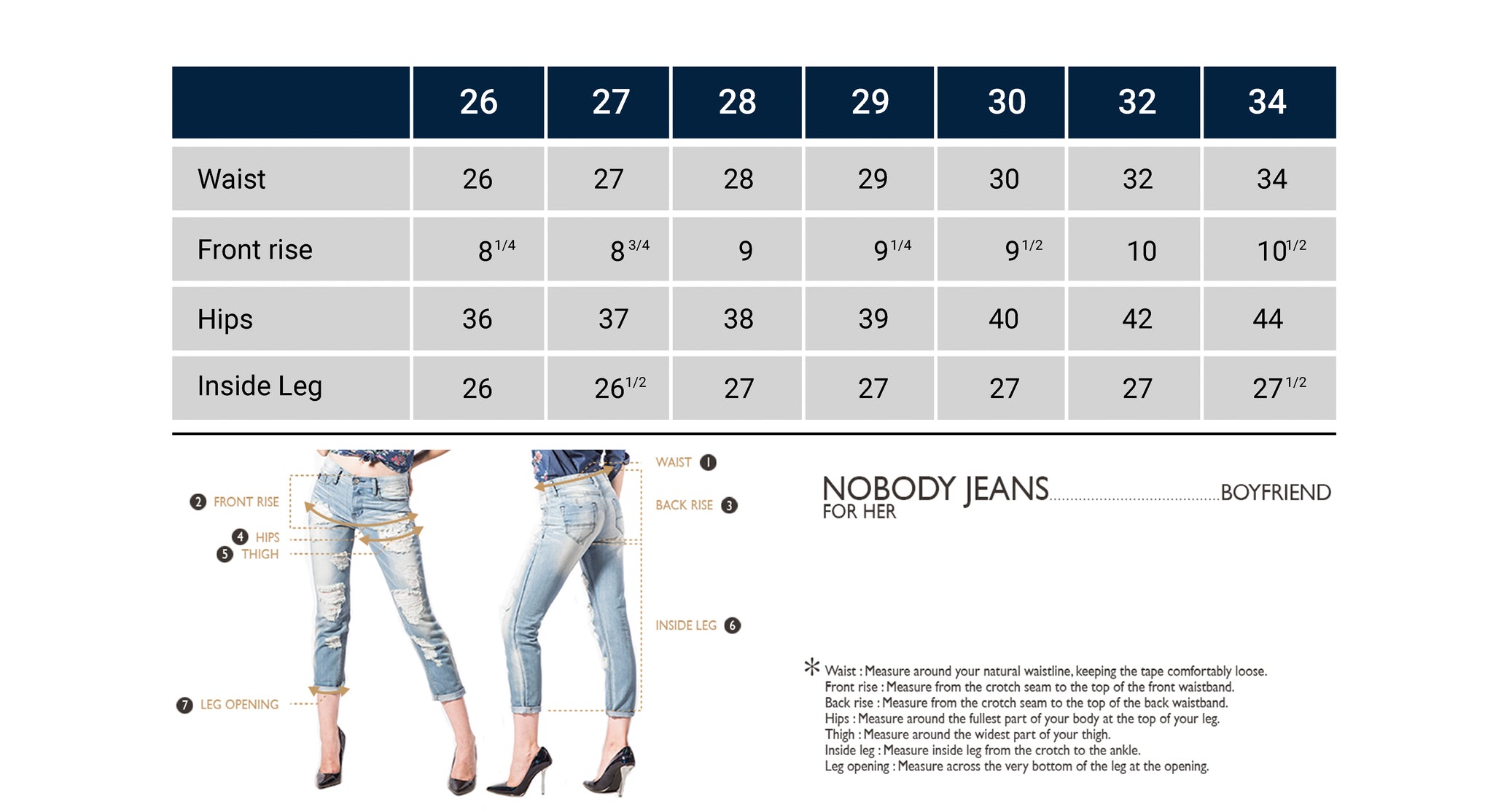 Nobody Jeans Size Charts