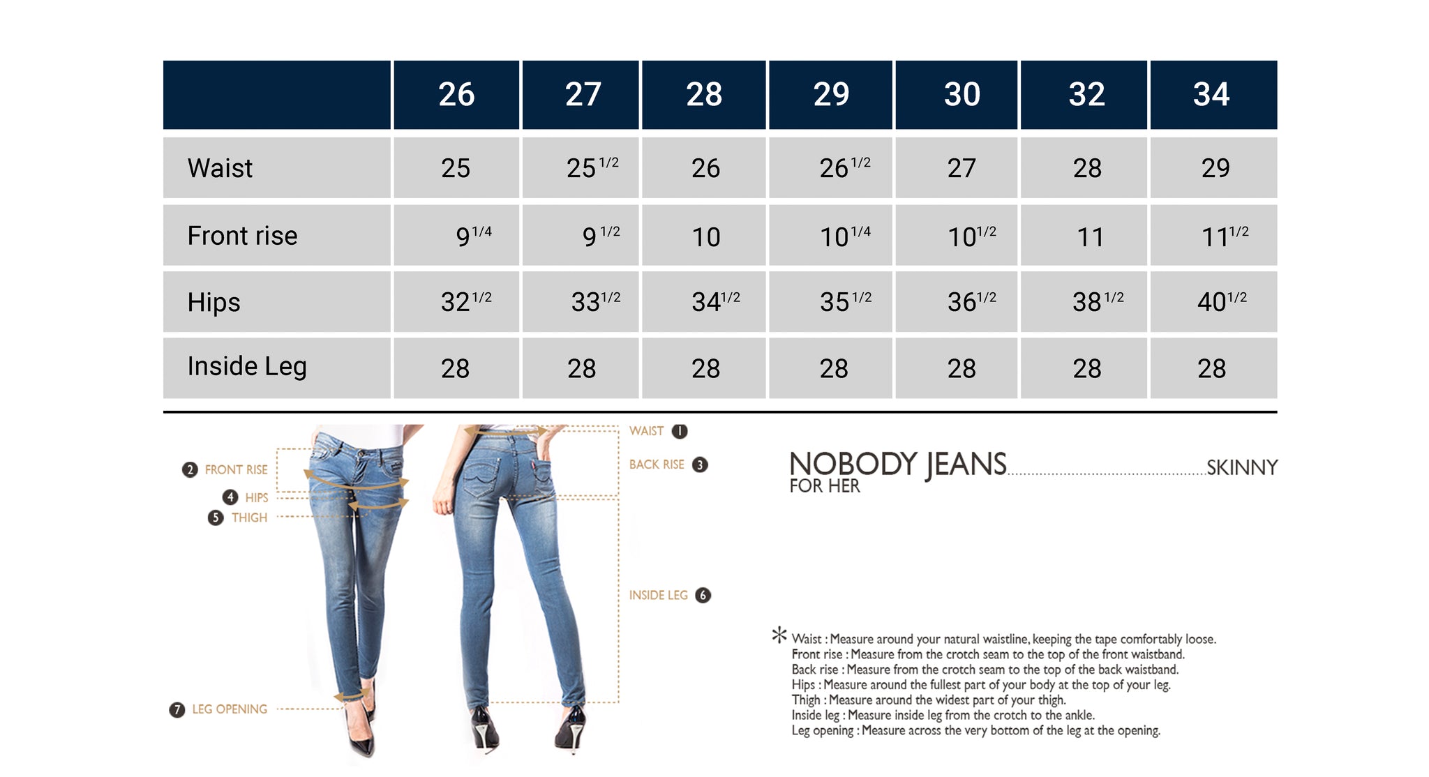 Nobody Jeans Size Charts