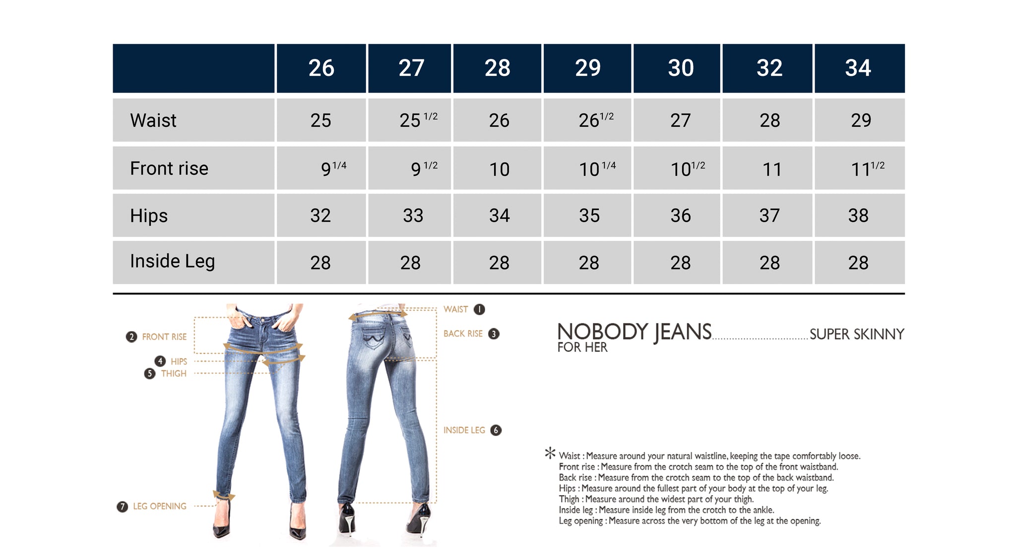 Nobody Jeans Size Charts