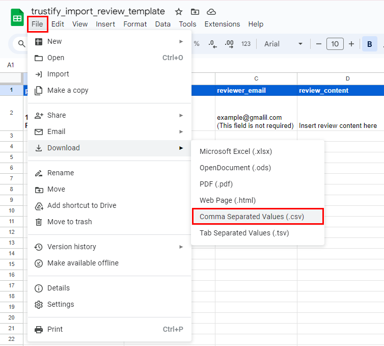 Download your complete review import template as a CSV file