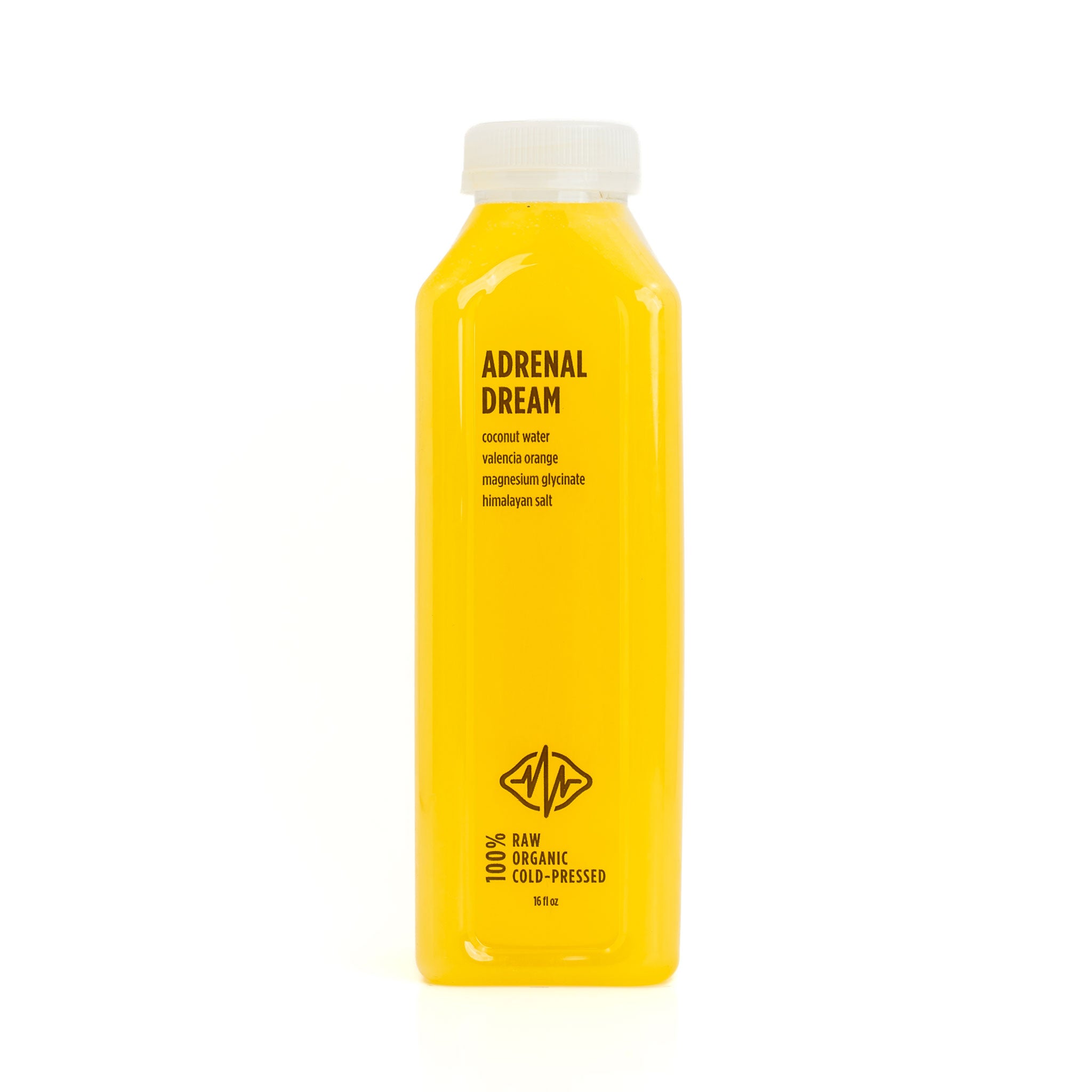 Bright yellow bottled drink labeled 'ADRENAL DREAM' with ingredients listed on white background.