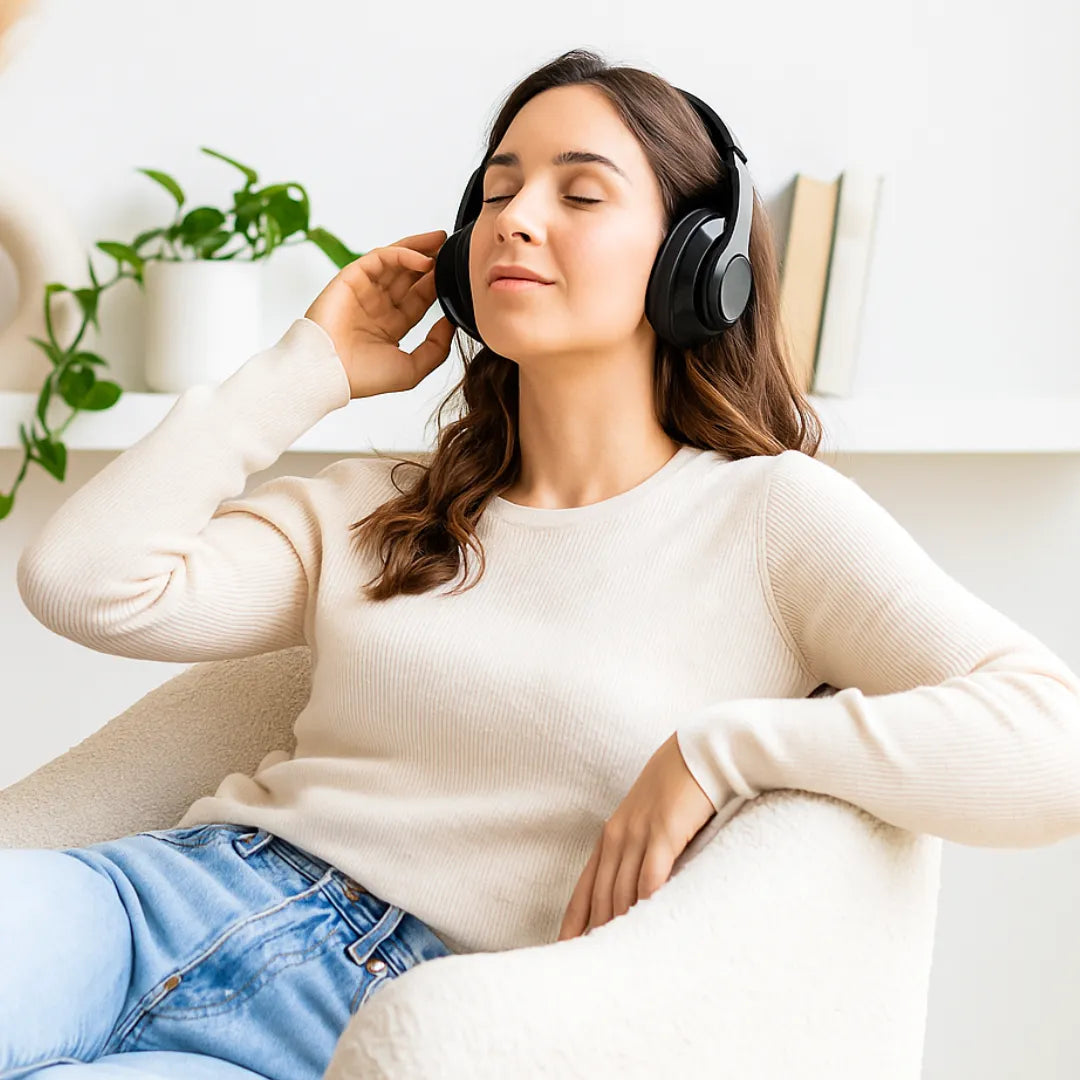 Femme détendue écoutant une séance d’auto-hypnose les yeux fermés