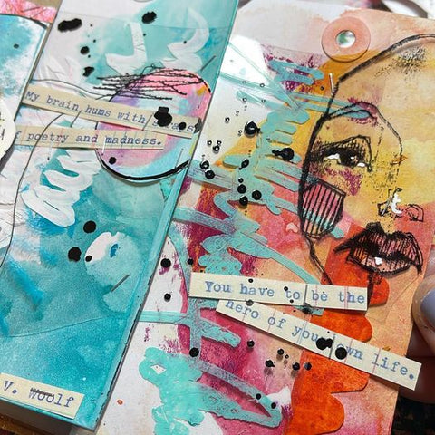 Photo from Dina Wakley MEdia showing Transparencies, Ledger Collage Sheets, Stamps, Paints and Tags