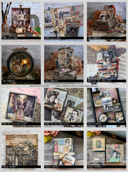 Photos of examples made using Tim Holtz Idea-Ology trinkets, findings, frames and papercraft designs