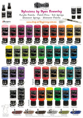 overview of the Ranger Dylusions by Dyan Reaveley range of markers, paints, inks and shimmers - chart with all colours