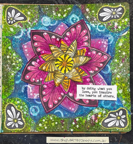 Art journal page using Dyan Reaveley's Dylusions stamps Wickerlicious, Spiralicious and Daisy Dreams by Jenny James in 2024.