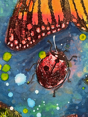 Stamping, art journaling, colouring with Art by Jenny . close up of sparkle paste covered lady beetle