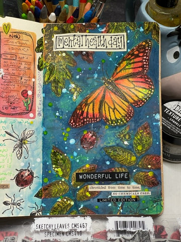 Art journal page using stamps, inks, watercolour pencils by Jenny James