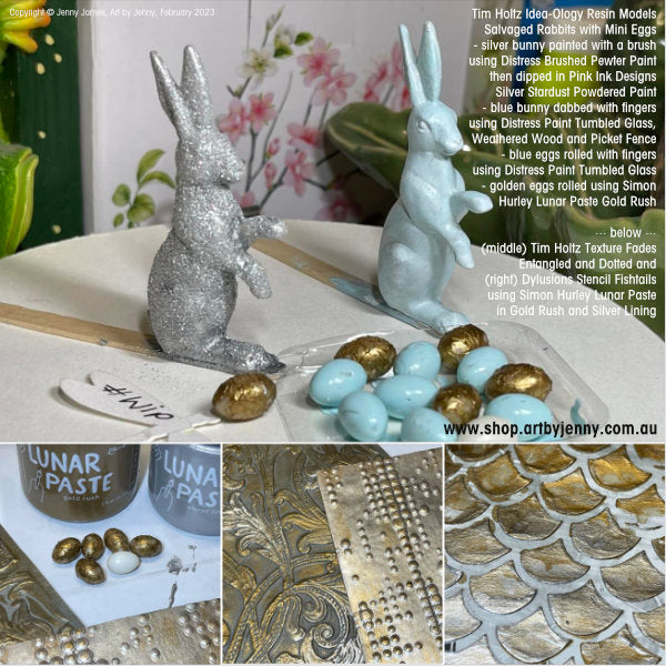 Art by Jenny makes using Idea-Ology Salvaged Rabbits and Mini Eggs, Tim Holtz Texture Fades, Distress Paint and Simon Hurley Lunar Paste