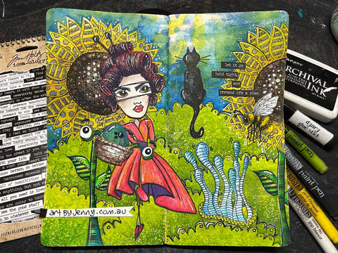 Dyalog art journal page with sunflowers cats and myself making plans and other things