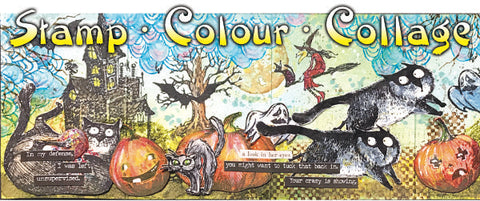 Snarky Cat and friends in a Halloween stamped artwork showing pumpkins and other spooky imagery