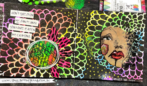 Art journal page by Jenny using Dina Wakley MEdia neon scribble sticks and transparencies.