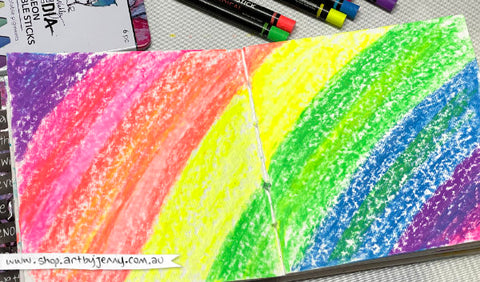 Photograph of a Neon Rainbow in an art journal page using Dina Wakley MEdia Neon Scribble Sticks - Art by Jenny James, April 2024