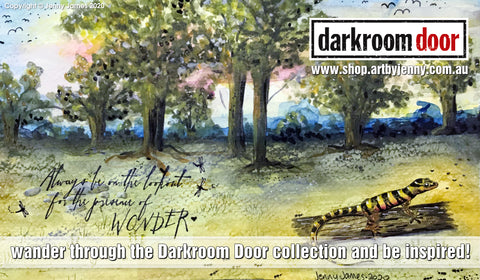 Darkroom Door banner with their logo and my art journal page featuring gum trees and a lizard on a log.