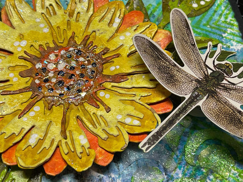 Mother's Day Card created by Jenny James, photo showing a closeup using Tim Holtz Sizzix Blossom Thinlits with the dragonfly from Idea-Ology 'Organics'.