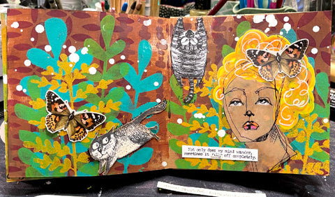 Photograph of a finished art journal page using Dina Wakley MEdia Acrylic Paint and Tim Holtz Stamps - Art by Jenny James, April 2024