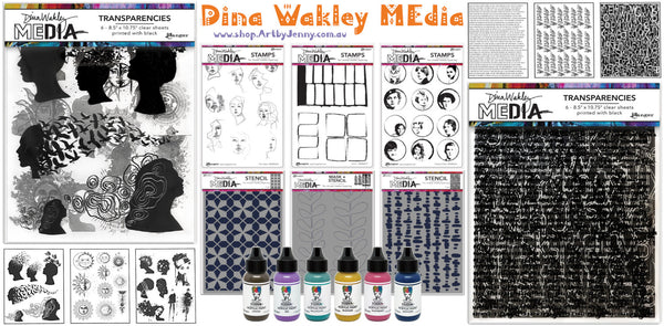 Dina Wakley MEdia February 2024 products of stamps, stencils, thick buttery acrylic paints with fine tipped nozzles and wonderful clear transparencies (prints).