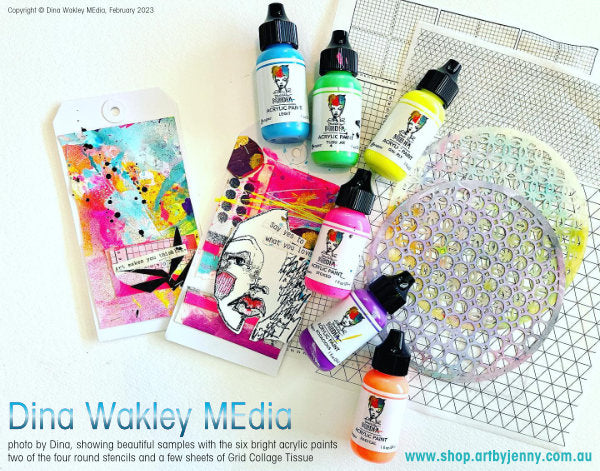 Dina Wakley MEdia by Ranger showcasing new paints, stencils and collage tissue paper in February 2023