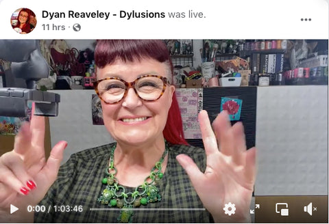 Dyan Reaveley Dylusions in a screenshot from her Facebook page - announcing the new Diddy Stamps and Dyalog Stencils