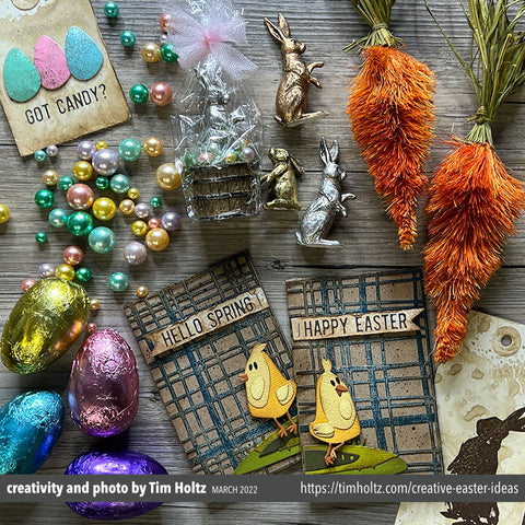 Tim Holtz photo of creativity with rabbits covered in ink and Christmas trees turned into carrots