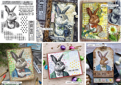 examples made using the Tim Holtz Stampers Anonymous Cling Stamp Set called Mr Rabbit cms478