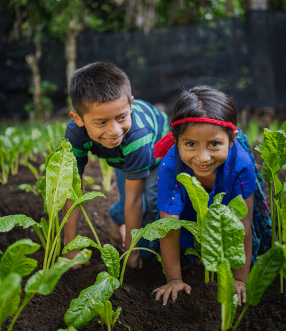 Happy young brother and sister smile for the camera while helping in a vegetable garden