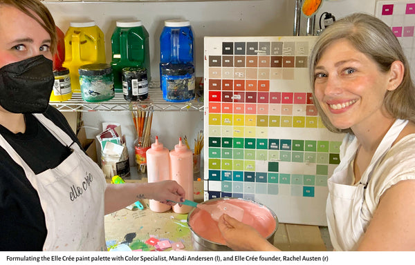 photo of Elle Cree color palette, Color Specialist Mandi Andersen at left, and company founder Rachel Austen at right