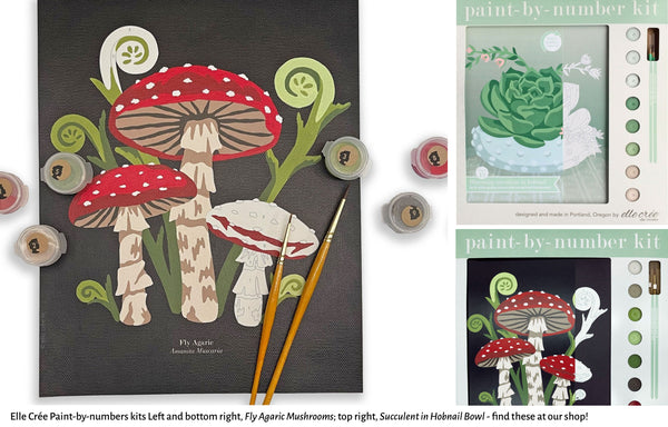 photos of Elle Cree paint-by-numbers Fly Agaric Mushroom kit and Succulent in Hobnail bowl kit