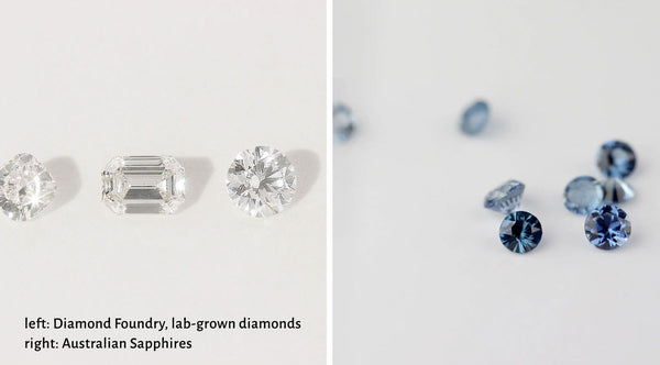 image of loose gemstones: Diamond Foundry lab-grown diamonds and Australian Sapphires 