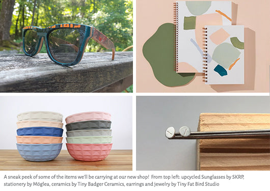 Photo montage of shop items: ceramic bowls, notebooks, earrings, sunglasses