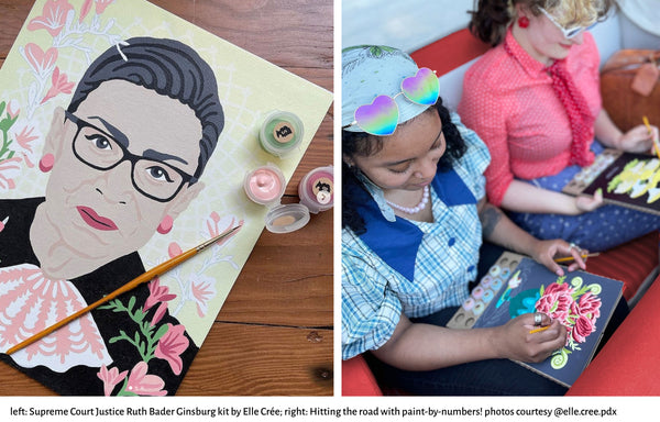 image of Ruth Bader Ginsburg paint-by-numbers kit, and two women on a road trip doing paint-by-numbers