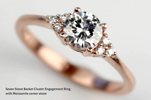image of Seven Stone Basket Cluster Engagement Ring with Moissanite center stone