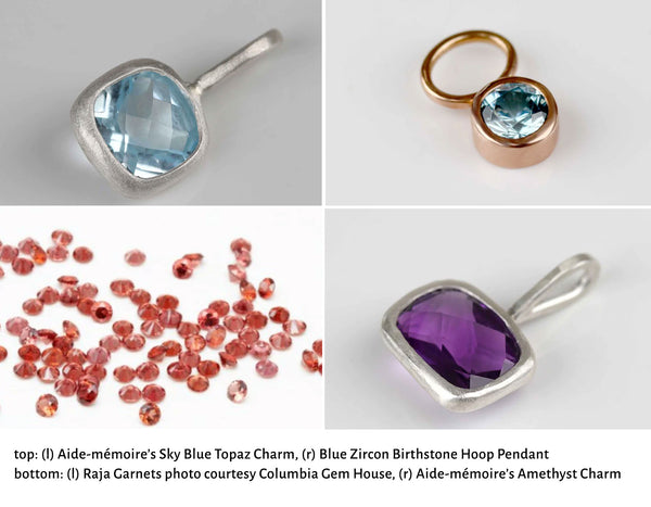 Winter Birthstone Gems: December (Blue Topaz or Blue Zircon), January (Raja Garnet), February (Amethyst)