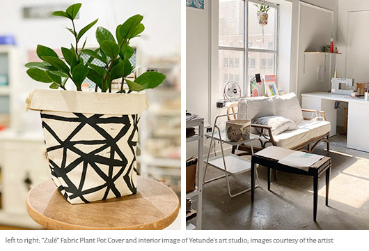 Image of Zulé fabric plant pot cover next to image of Yetunde's art studio interior