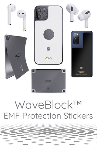 a variety of electronic devices such as 2 cell phones, 2 sets of earbuds, a laptop and an ipad with the words WaveBlock EMF Protection Stickers