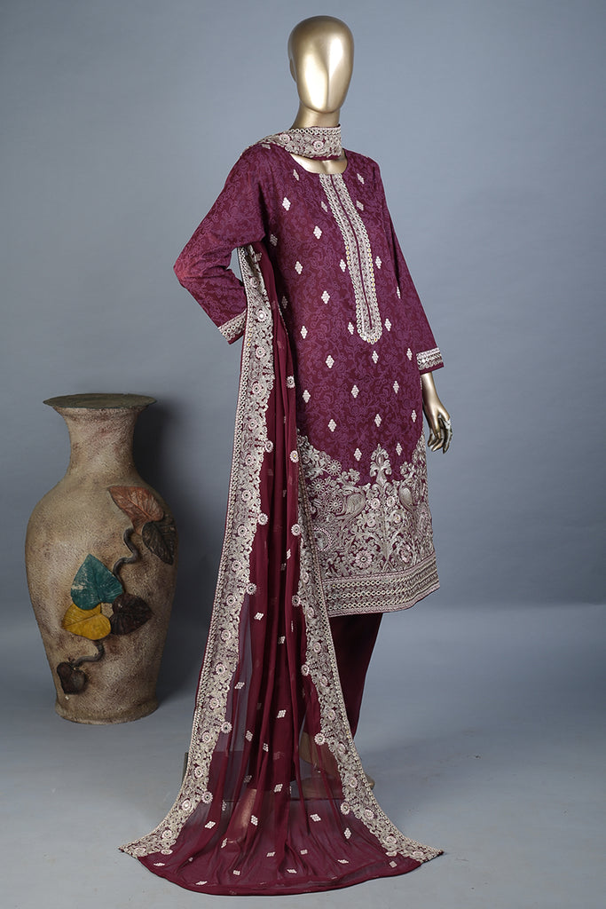 SC-191A-Purple - Mirthful | 3Pc Cotton Embroidered & Printed Dress