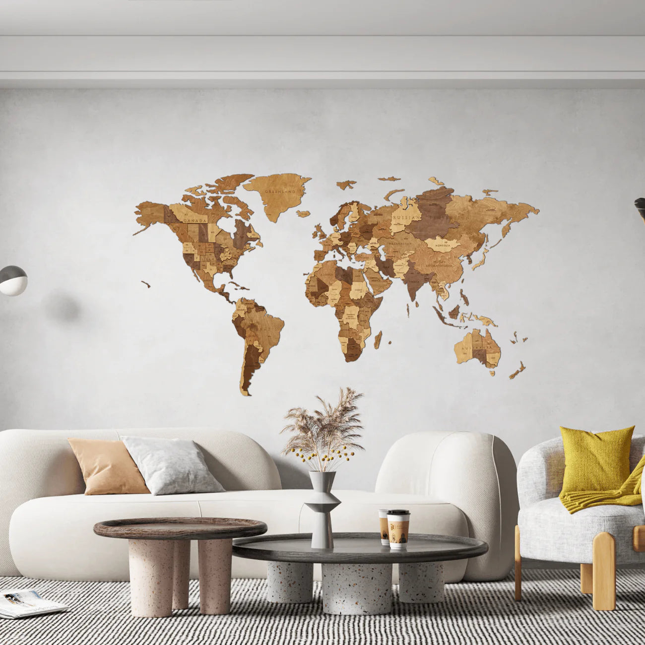 Living room with world map wall art and modern furniture.