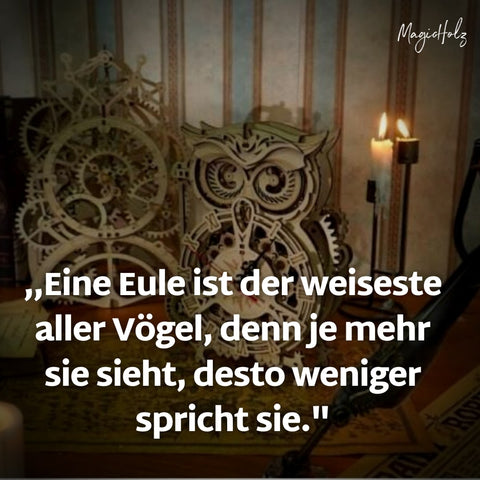 Schöner Eulen Spruch mit einer Holzeule im Hintergrund