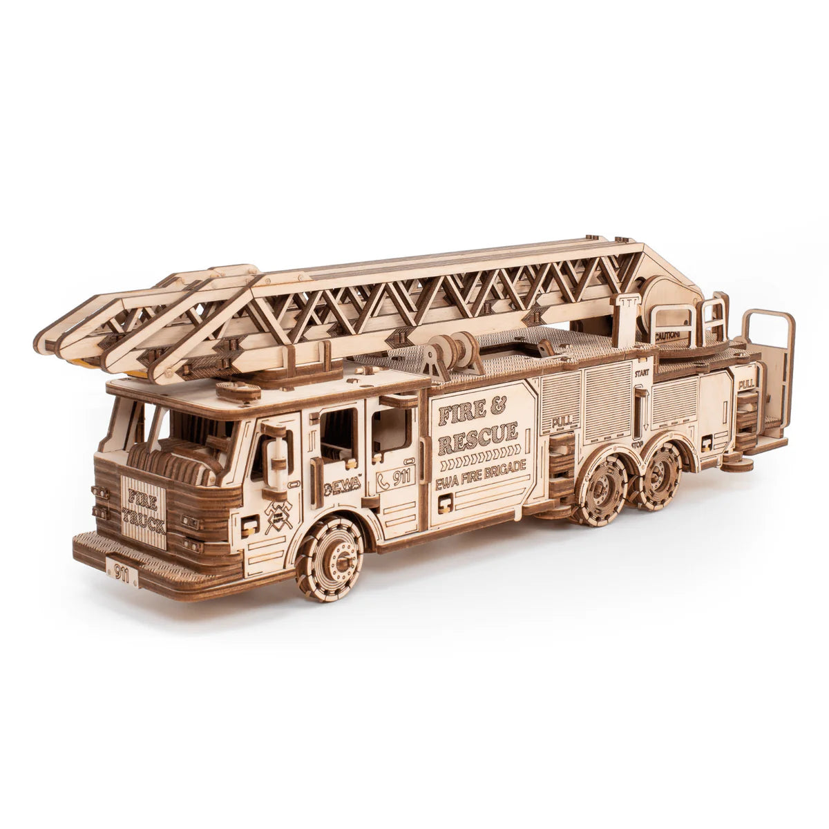 Wooden model of a fire truck with intricate details and moving ladder.
