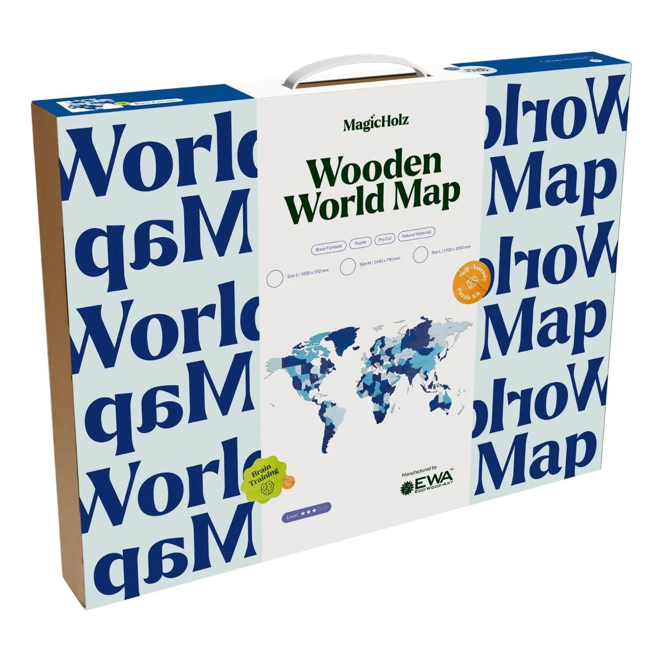 Box packaging for MagicHolz Wooden World Map puzzle.
