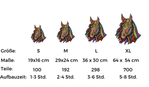Galoppierendes Pferd | Magische Holzpuzzle | Größentabelle
