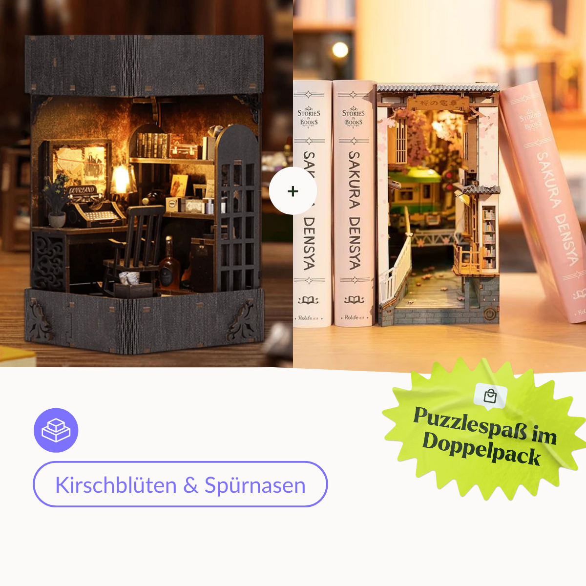 Diorama book nooks présentant une étude confortable et une scène de rue entre des livres avec une superposition de texte en allemand.