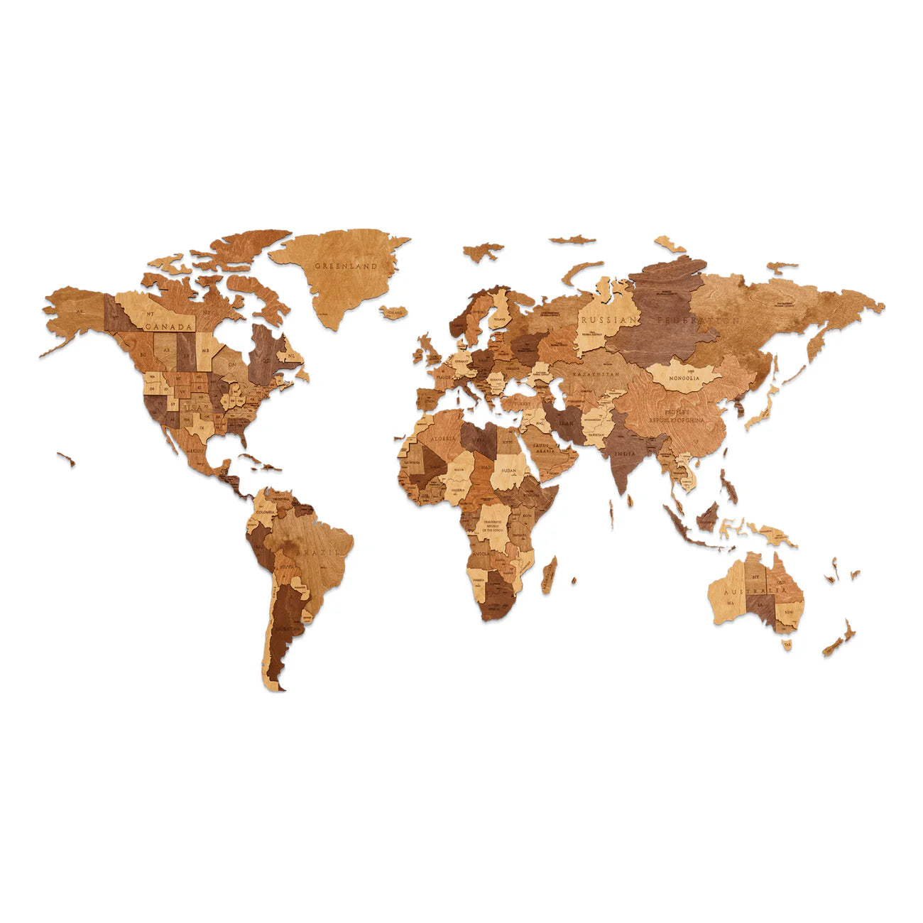Wooden world map with countries labeled, shaded in various wood tones.